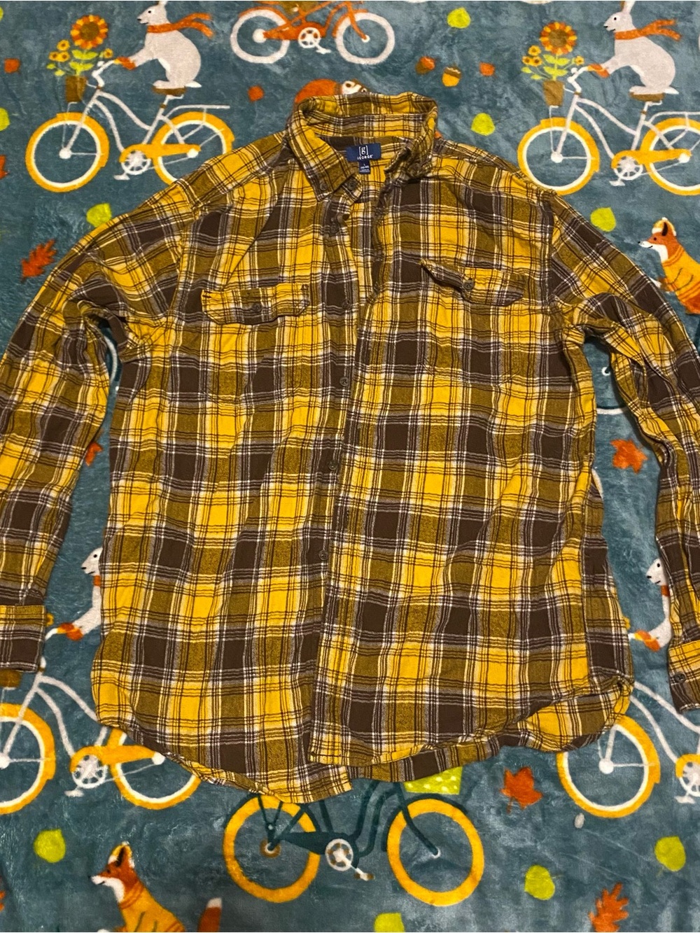 Mens Yellow/Brown Plaid Flannel Button-Front Long Sleeve Shirt George Size Large